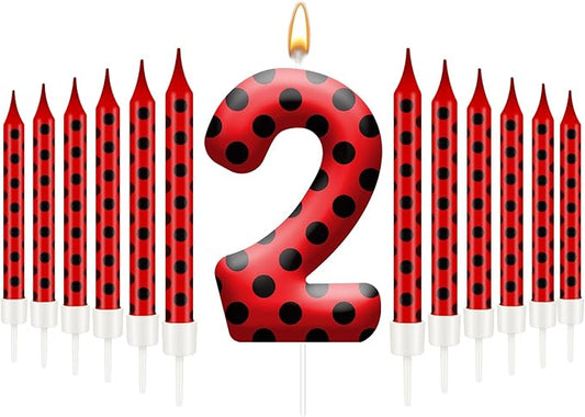 13PCS Ladybug Theme Birthday Candles Set - Red & Black Polka Dot Decorative Candles for Kids Ladybug Themed Parties, Baby Showers, Birthday Cakes, and Ladybird Inspired Celebrations(Number 2)