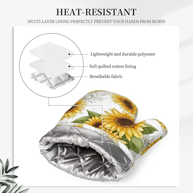 Yellow Sunflower Oven Mitts Pot Holders Set Silicone Heat Resistant Sunflowers Oven Mitts and Hot Pads Yellow Flowers Potholders Non-Slip Oven Gloves for Cooking Baking Grilling BBQ
