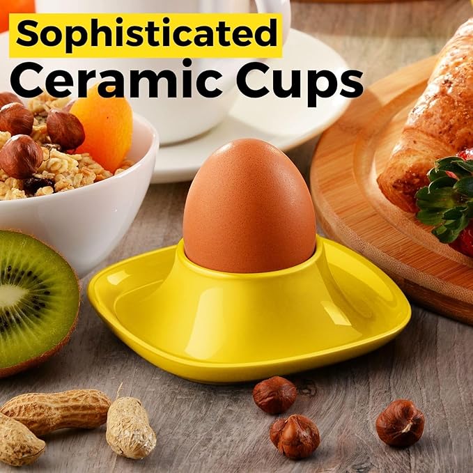 Flexzion Egg Cups for Soft Boiled Eggs - Set of 6 Ceramic Egg Holder - Stackable Egg Coddler Cups with Base for Serving, Breakfast, Brunch - Kitchen Table Decor, Yellow
