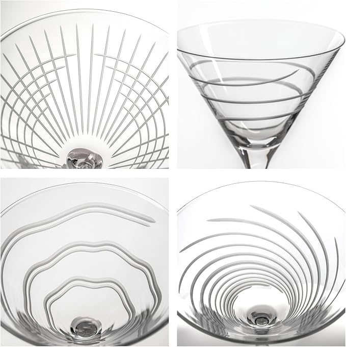 Rolf Glass Symmetry Martini Cocktail Glass | 10oz Martini Glasses | Lead-Free and Diamond-Wheel Engraved | Mixed Contemporary Designs | Proudly Made in the USA | Set of 4