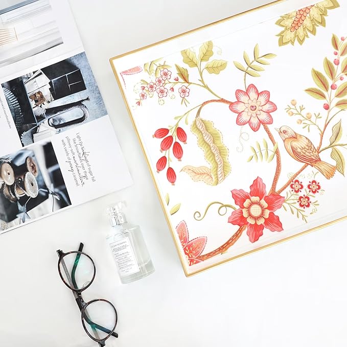 Spsyrine Decorative Serving Tray with Handles, White Lacquered Coffee Table Tray for Ottoman, Rectangle Waterproof Platters for Centerpieces, Parties, Living Room, Kitchen Counter Organization