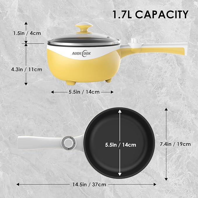Audecook Hot Pot Electric, 1.7L Mini Electric Skillet Portable Nonstick Sauté Pan with Power Adjustment, Rapid Noodles Cooker Travel Multicooker for Steak/Soup/Egg/Oatmeal/Noodles