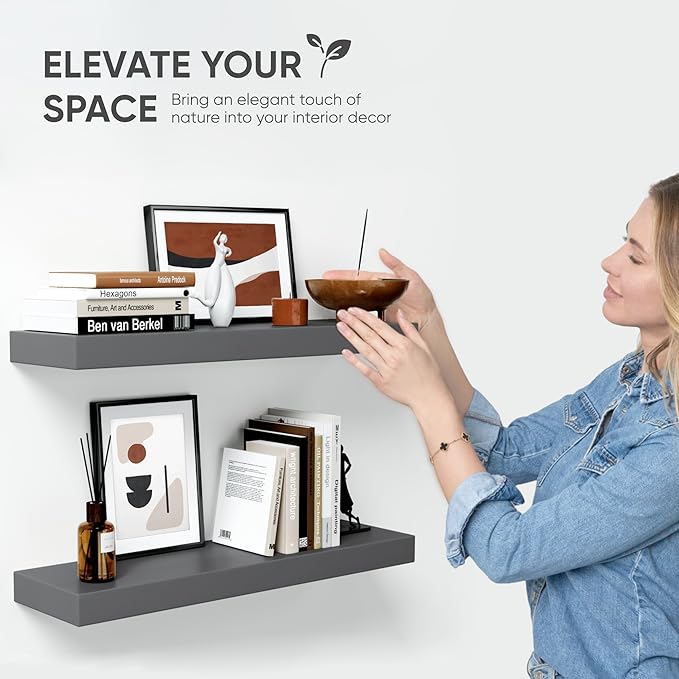 Homeforia 24inch Gray Floating Shelves for Wall, High End Solid Real Wood 24in Floating Shelf for Bathroom, Grey Wooden 24 inch Long Floating Shelves, Heavy Duty Bracket, 24 X 6.5 X 1.75 in, Set of 2