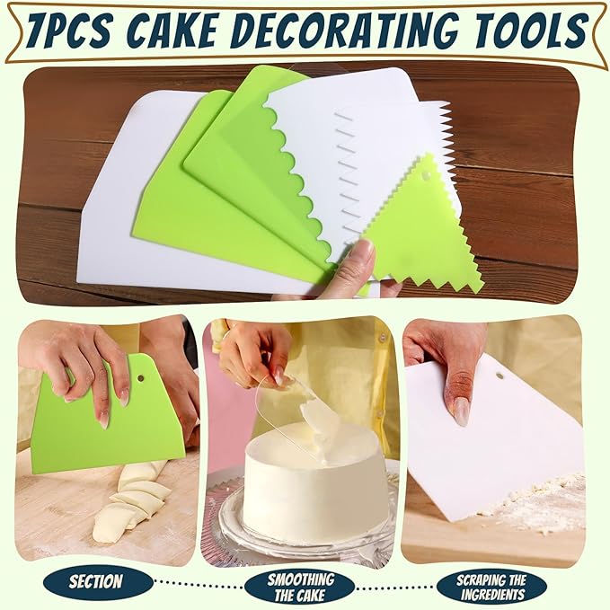 Teenitor 7 Pcs Cake Scraper, Bench Scraper Dough Scraper Cake Smoother Bowl Scraper Cake Cutter Cake Decorating Kit