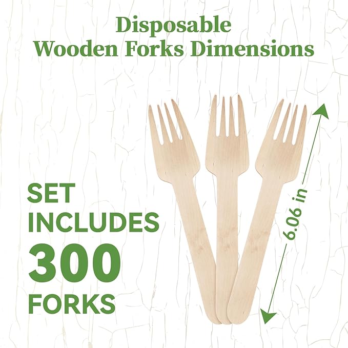 ECOLipak 300 Count Wooden Forks Disposable, Wooden Disposable Compostable Forks for Eating, Party, Camping, Traveling, Family Dinners
