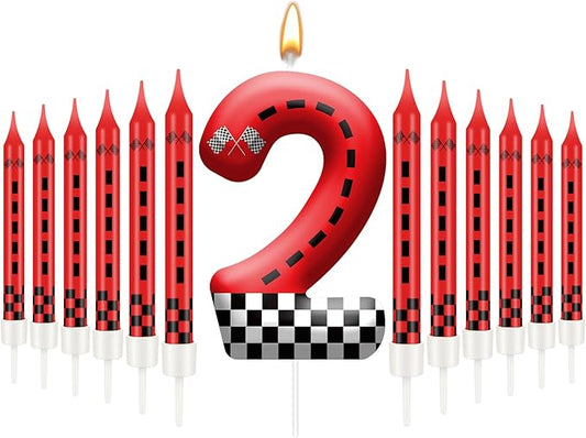 13PCS Racing Car Theme Birthday Candle Set with Checkered Flag Design - Durable Cake Topper for Race Car Party Decorations, Kids Birthday Supplies - Number 2 Candle for Racing-Themed Celebrations