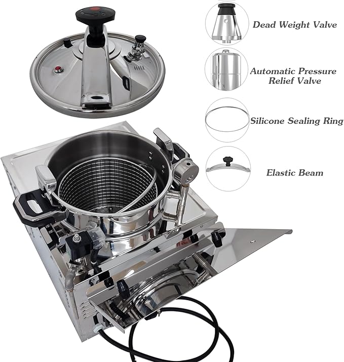 INTSUPERMAI 16L Commercial Countertop Pressure Fryer, Stainless Steel High Pressure Fried Chicken Machine, Electric Multi-function Deep Fryer Cooking Machine, 110V, 2400W, 8PSI