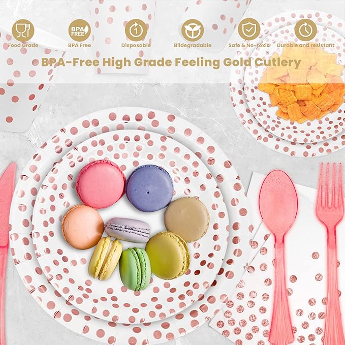 AIRE 175Pcs White Rose Gold Paper Plates Dinnerware Sets for 25 Guests, Party Supplies Disposable Paper Party Plates Napkins Cups Plastic Forks Knives Spoons For Birthday Baby Shower Wedding New Year
