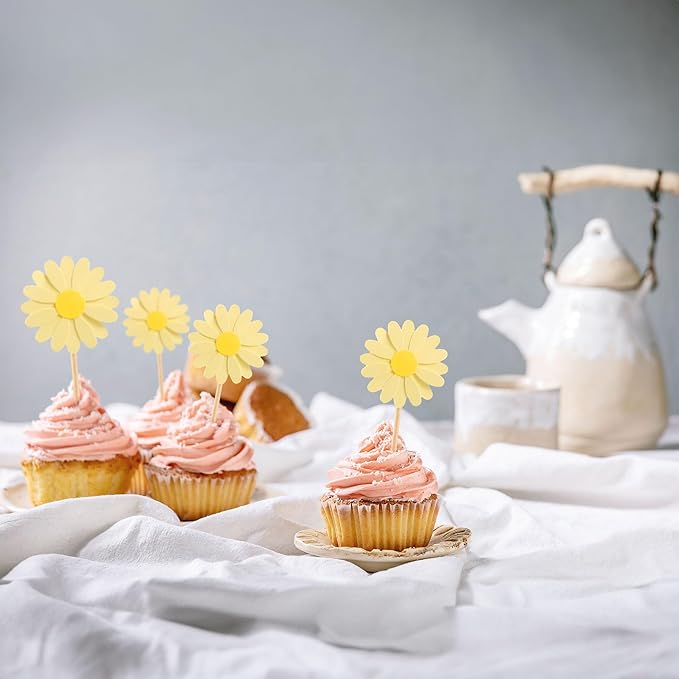 24Pcs Daisy Cupcake Toppers Daisy Flower Party Picks Spring Daisy Toothpicks Chrysanthemum Food Picks Girls Baby Shower Birthday Wedding Party Decorations Yellow