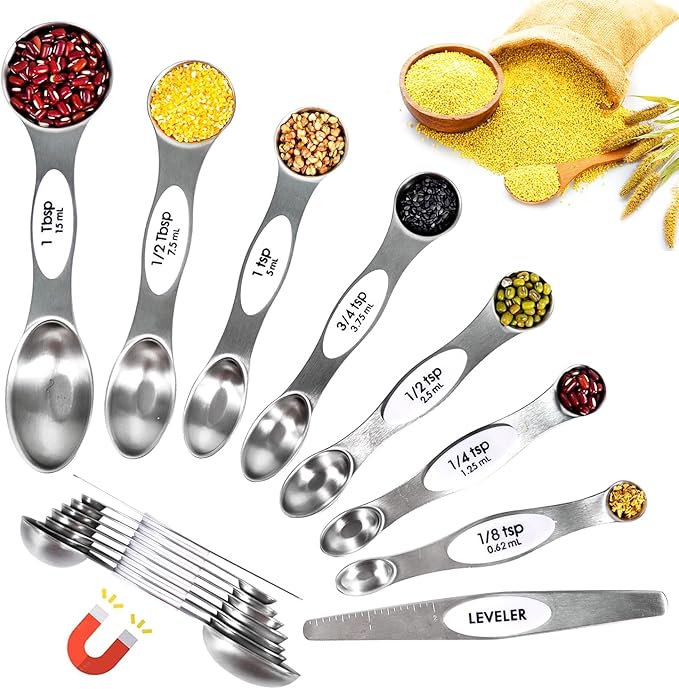 18 Pieces Measuring Cups and Spoons set, Includes 10 Stackable Measuring Cup with Lid and 8 Magnetic Measuring Spoons, for Liquid and Dry Ingredient, BPA Free (White)