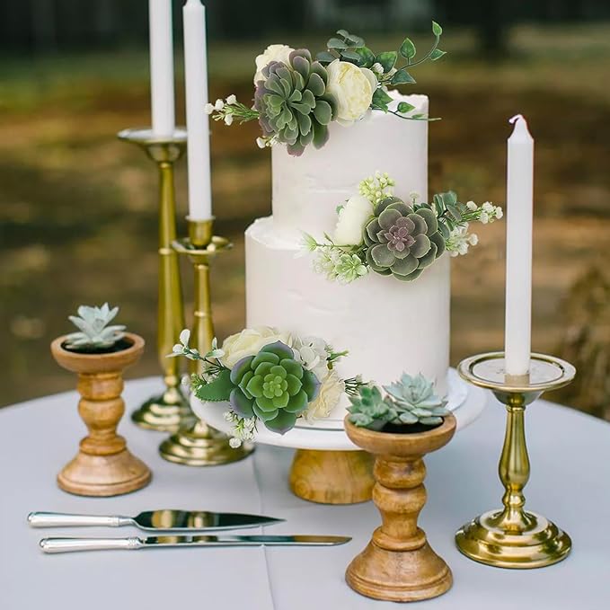 Rinlong Pre-made 3Pcs Faux Succulent Cake Decorating Flowers Cake Toppers Green Cake Decorations Wedding Birthday Baby Shower Spring Cake Decor Topper