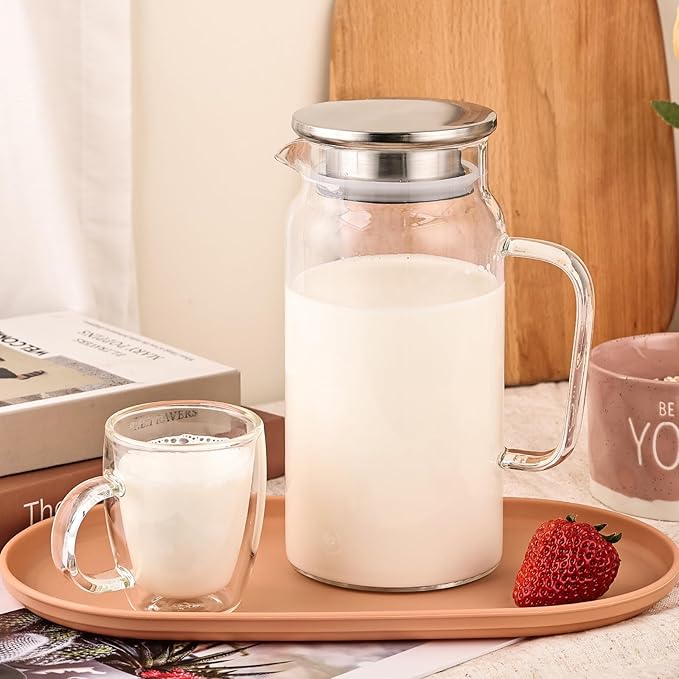 Set of 2 Glass Pitcher with Lid, 1200ml Leak Proof,Glass Water Jugs, BPA-Free,Microwave & Dishwasher Safe Pitcher,Sun & Iced Tea, Sangria,Cold Brew Coffee & More