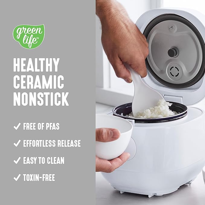 GreenLife Digital Rice Cooker, 2-Cups Uncooked/4-Cups Cooked, Removable Nonstick Ceramic PFAS-Free Pot, One-Touch Presets, Oats, Quinoa, Brown Rice, Auto Keep Warm, Fuzzy Logic Tech, 1.5 QT, White