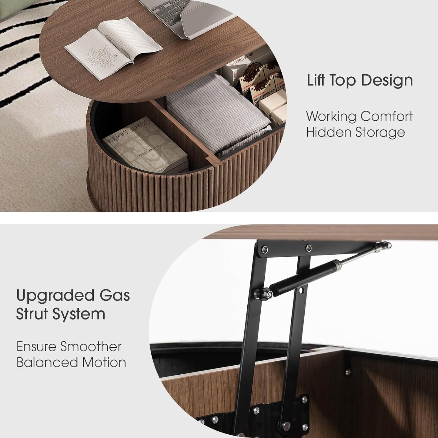 Oval Coffee Table with Storage,42.5” Fluted Coffee Table with Lifting Top & Solid Wood Legs,Modern Lift Up Center Table for Living Room,Home Office,Walnut
