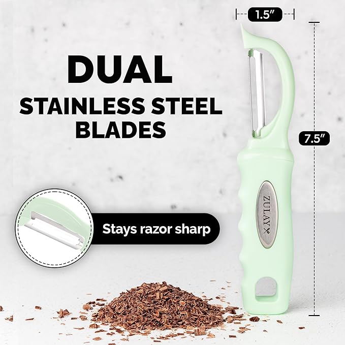 Zulay Kitchen Premium Vegetable Peeler for Kitchen - Swivel Peeler with Razor Sharp Stainless Steel Blades & Strong Ergonomic Handle - Dishwasher Safe, Easy To Use with Blemish Remover - Mint