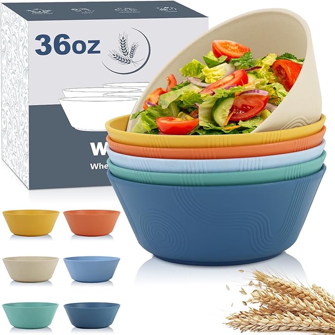 Wheat Straw Bowl Sets with Textured Pattern,6 PCS Unbreakable Cereal Bowl 36 OZ,Microwave and Dishwasher Safe Bowls, Alternative Plastic Bowls for Kitchen,Camping,Apartment and Dorm