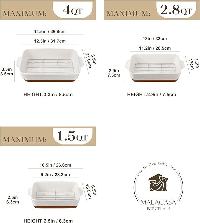 MALACASA Casserole Dishes for Oven with Roasting Racks, Ceramic Baking Dishes Set of 3, Baking Pan Casserole Dish Set, Rectangular Lasagna Pan Deep with Handles for Baking, Khaki White (14.5''/13''/10.5''), Series TARA