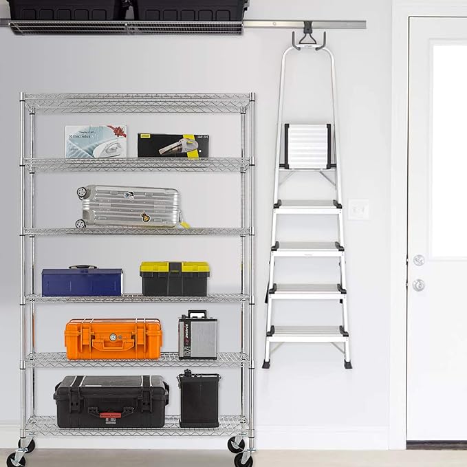 FDW 48 inch L×18 inch W×76 inch H Wire Shelving Unit Metal Shelf with 6 Tier Casters Adjustable Layer Rack Strong Steel for Restaurant Garage Pantry Kitchen Garage, Chrome