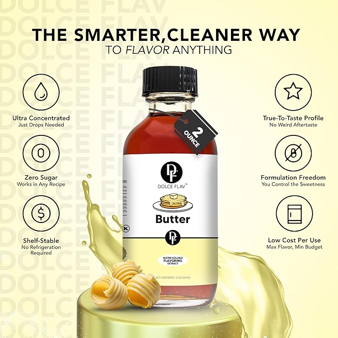 Dolce Flav Butter Extract – 2 Ounce Water-Soluble Kosher, Sugar-Free, Concentrated Imitation Butter Flavor for Baking, Cookies & Frostings, Includes Measured Dropper