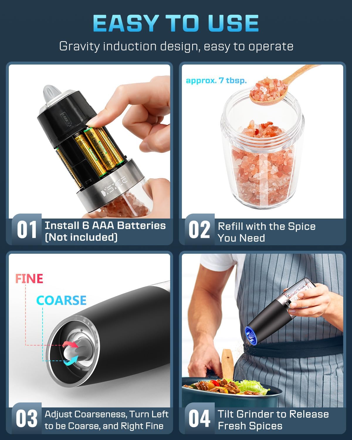 XinXu Gravity Electric Pepper and Salt Grinder Set, Adjustable Coarseness, with LED Light, One Hand Automatic Operation (Set/Black L)