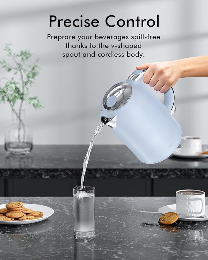 Electric Tea Kettle for Boiling Water, Wide Open Lid Stainless Steel Water Boiler, 1500W/1.7L for Coffee/Tea Brewing, Auto Shut Off & Boil Dry Protection, Cordless Swivel Base & LED Indicator, Blue