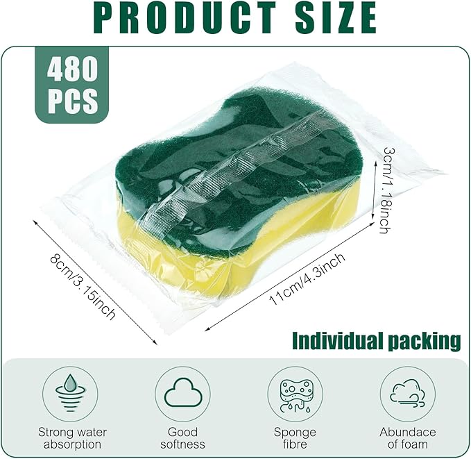 Tanlade 480 Pcs Individually Wrapped Sponges Kitchen Bulk Non Scratch Scouring Sponges for Dishes Household Cleaning Travel Apartments Hotel Car