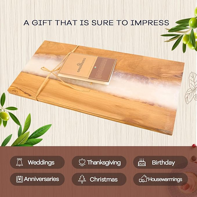 Italian Olive Wood luxury Cheese board with Resin, Charcuterie board, Chopping and Cutting Board for Meat Vegetable & Fruit, Wooden Epoxy Serving Board (White)