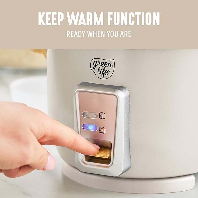 GreenLife Electric Rice Cooker, 3-Cups Uncooked/6-Cups Cooked, Removable PFAS-Free Nonstick Pot, One-Switch Design, Auto Keep Warm, Small Space Saving, Rice Paddle, Soup, Grains, Oatmeal, 1.5 QT, Cream