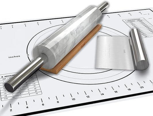White Marble Rolling Pin with Stainless Steel Handles Baking Set - Silicone Baking Mat, Bench Scraper, Wooden Base