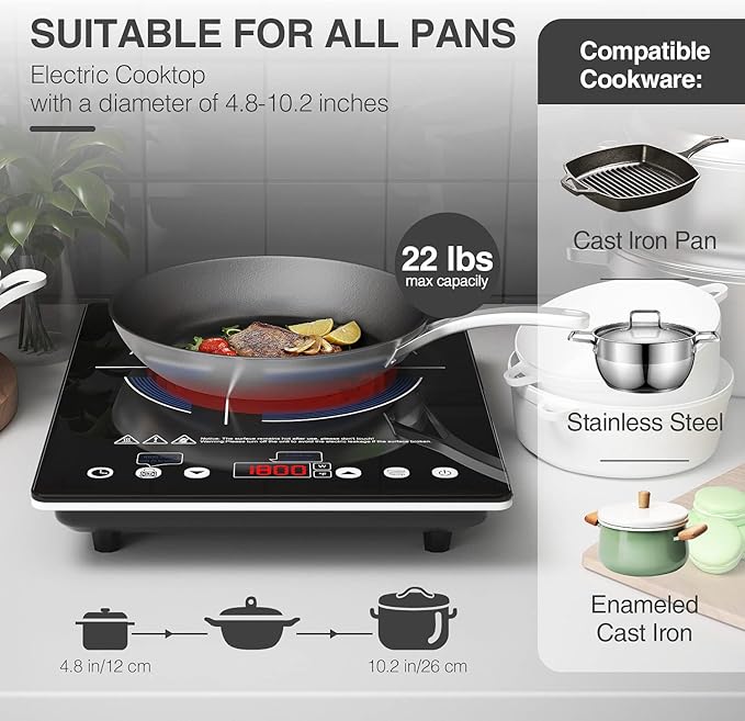 Electric Cooktop 110v,Single Burner Electric Stove Infrared Cooktop Hot Plate 1800W,4-Hour Setting,Black Crystal Glass Surface Compatible for All Cookware