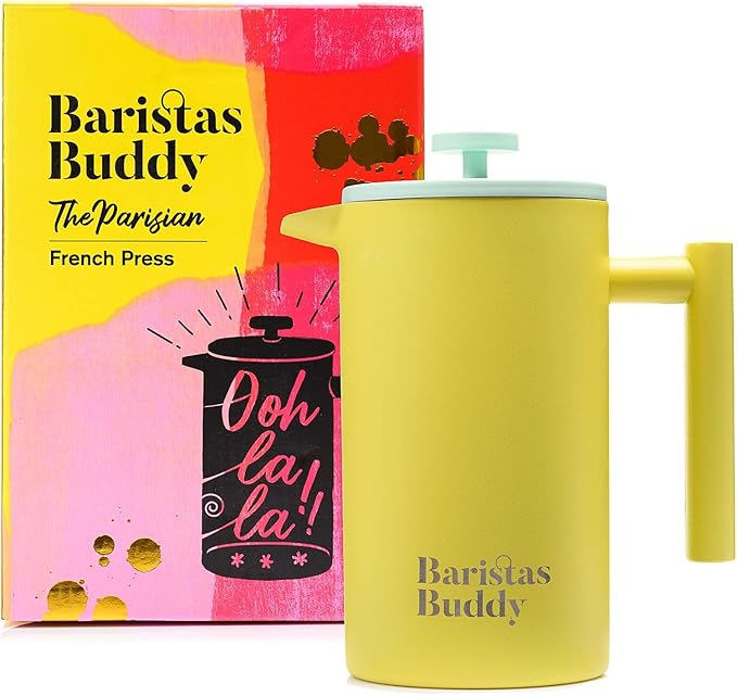 Yellow French Press Coffee Maker - Colorful, Retro And Stylish Insulated Coffee Brewer - Large Size Brews 4 Cups