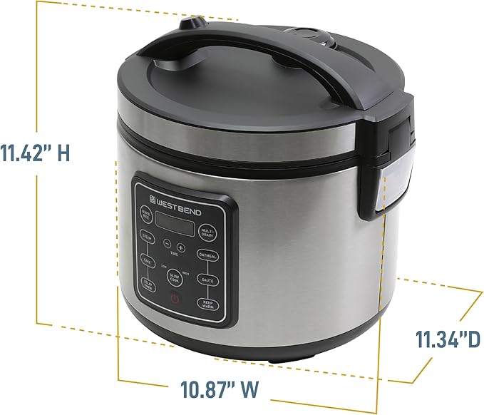 West Bend Rice & Grain Multi Cooker Programmable with 9 Preset Functions, Features Delay Start and Keep Warm Functions and Steam Basket, 20 Cups Cooked, Stainless Steel