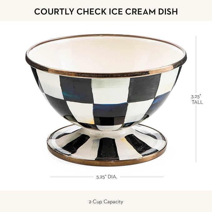 MACKENZIE-CHILDS Enamel Ice Cream Bowl, Serving Bowls for Entertaining, 2-Cup Capacity, Black-and-White Courtly Check