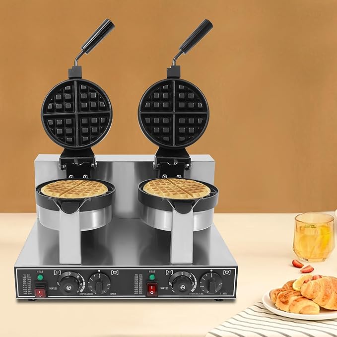 Commercial Waffle Maker,Double Head Waffle Maker Machine,2400W Non-Stick Stainless Steel Belgian Waffle Iron with Temp and Time Control for Restaurant