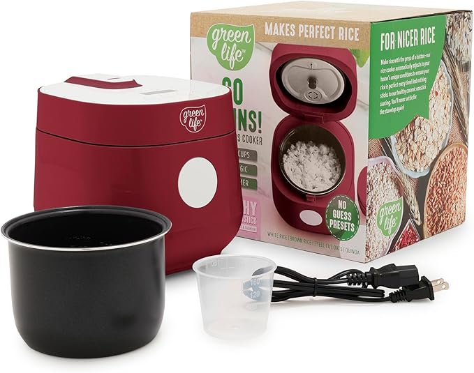 GreenLife Digital Rice Cooker, 2-Cups Uncooked/4-Cups Cooked, Removable Nonstick Ceramic PFAS-Free Pot, One-Touch Presets, Oats, Quinoa, Brown Rice, Auto Keep Warm, Fuzzy Logic Tech, 1.5 QT, Red