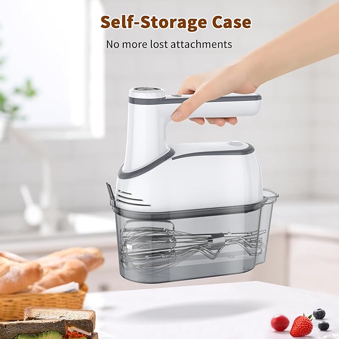 Cordless Electric Hand Mixer: 12 Speeds Powerful Handheld Mixer with 6 Stainless Steel Attachments (2 Beaters, 2 Dough Hooks, 2 Whisks), Snap-On Storage Case & Eject Button (White)