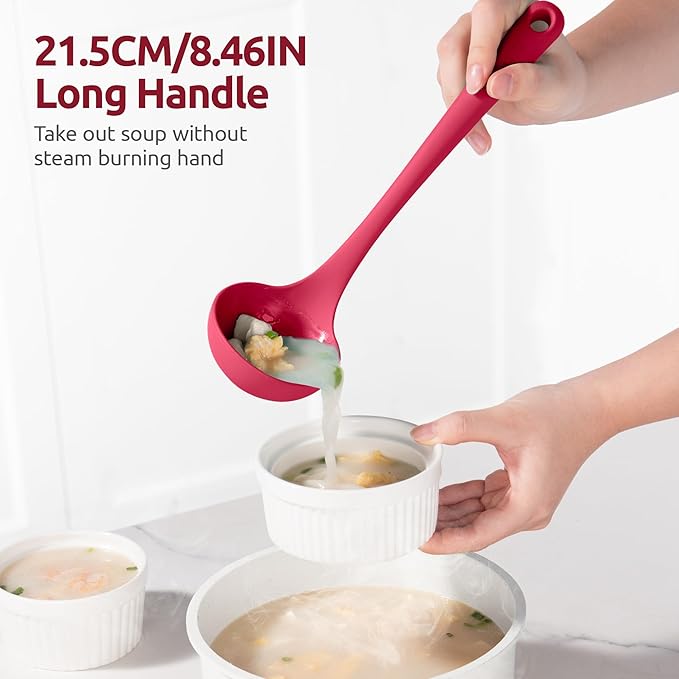 2.6oz Small Silicone Soup Ladle: U-Taste 600ºF Heat Resistant Non-Stick Kitchen Deep Serving Spoon, Soft Cooking Utensil with Non-Slip Solid Handle for Mixing Sauce Stew Gravy (11in, Red)