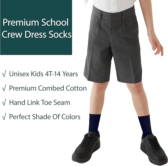 COTTON DAY Unisex Little Kids Youth Boys Girls Soft Cotton Crew Dress Socks Seamless Toe Black White Gray Navy 6 Pack