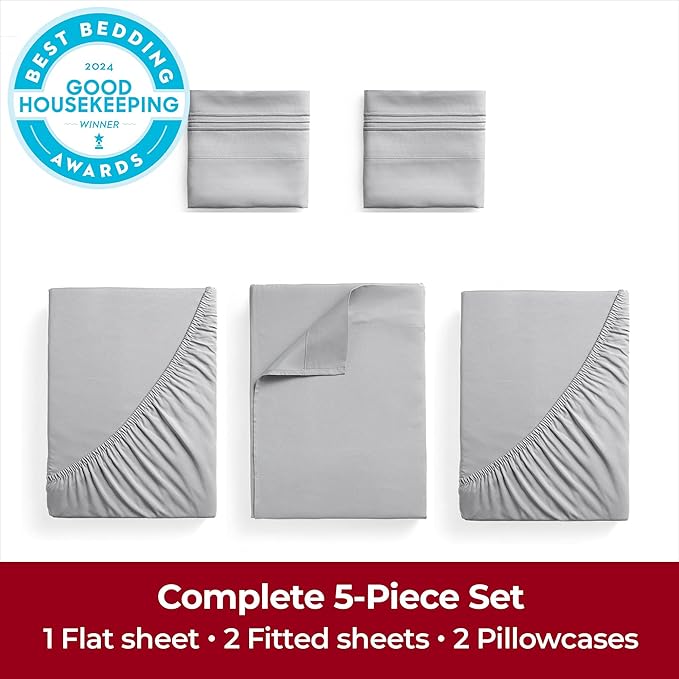 Mellanni Extra Deep Split King Sheets - 5 PC Iconic Collection Bedding - Hotel Luxury, Ultra Soft, Cooling Bed Sheets - Wrinkle, Fade, Stain Resistant (Split King, Light Gray)