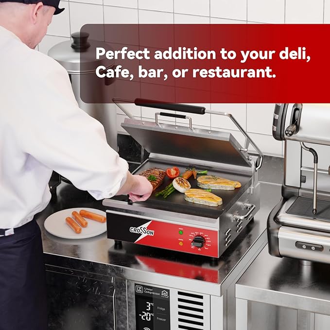 CROSSON 15"×11" Flat ETL Listed Commercial Electric Panini Grill,Hinged Auto Leveling Top Plate Panini Press Sandwitch Maker