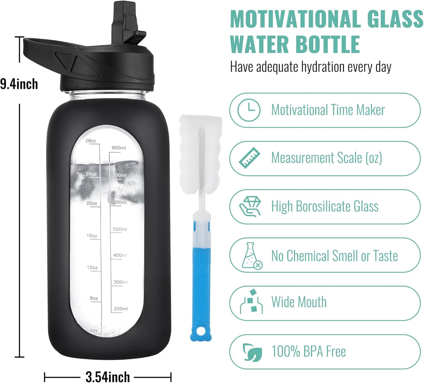 CIVAGO 40 oz Glass Water Bottle with Straw and Handle, Large Sports Motivational Water Bottle Flask with Time Marker and 2 Lids, Leakproof Water Jug Canteen with Silicone Sleeve for Gym,Apricot