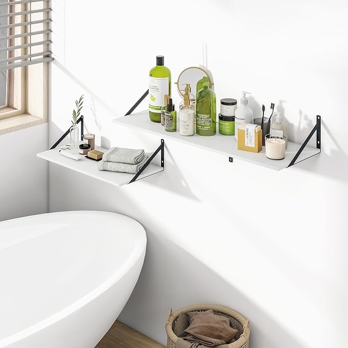 Heimlove White Deep Floating Shelves for Wall, 36W x 12D Wood Wall Shelves Set of 2, Wide Floating Bookshelf for Living Room, Kitchen, Office, Bedroom and Decor Storage, with Black Bracket - White