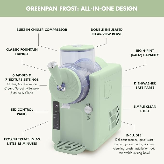 GreenPan Frost Ice Cream Machine & Frozen Drink Maker, Soft Serve, Slushie, Sorbet, Milkshakes & Cocktails, No Freezer Needed, 7 Textures, Quiet & Rapid, Easy Clean, Family Size, Pistachio Sage
