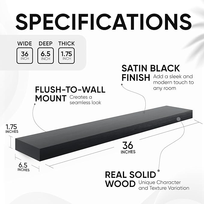 Homeforia Black Floating Shelves 36 inches Long, High End Solid Real Wood 36 inch Floating Shelf for Wall Mounted, Black Wooden 36in Floating Shelves, Heavy Duty Bracket, 36 X 6.5 X 1.75 in, Set of 2