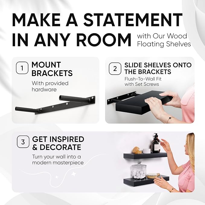 Homeforia Black Floating Shelf 18 inch, High End Solid Real Wood 18inch Bathroom Floating Shelves for Wall Mounted, Black Wooden 18in Floating Shelves, Heavy Duty Bracket, 18 X 6.5 X 1.75 in, Set of 2