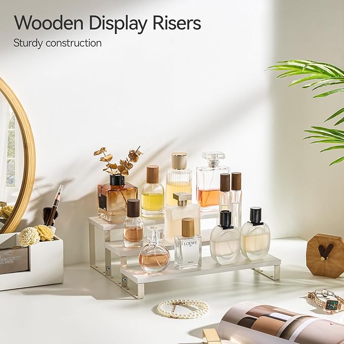 Spice Rack,Wooden Display Riser Stand, 3-Tier Perfume Stand and Cologne Organizer Stand, DIY Spice Rack Organizer, Display Shelf Metal Frame
