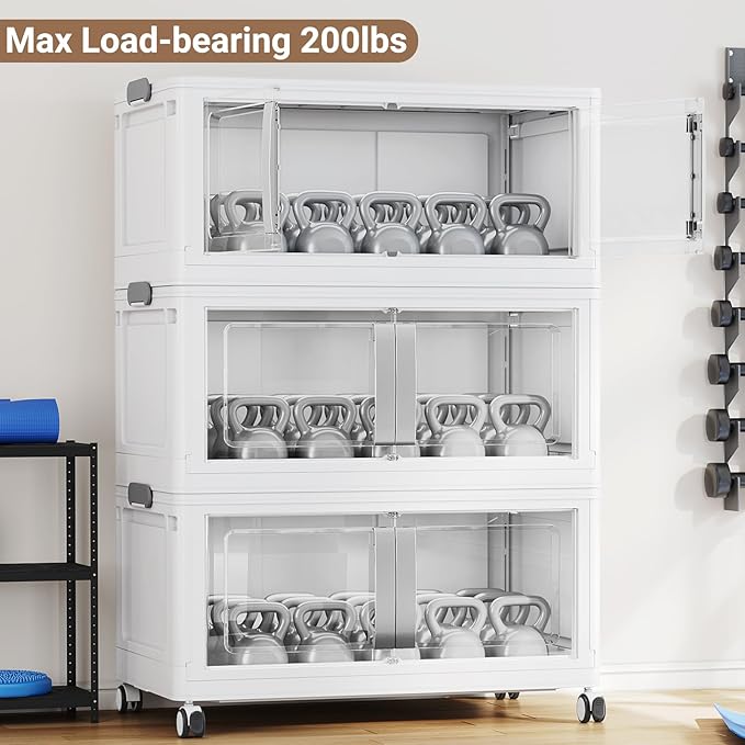 800QT Stackable Storage Bins with Lids, 200Gal Extra Large Collapsible Storage Box with Wheel, Plastic Storages with Clear Door Open Front for Home Bedroom Garage, White-5pack(5 lids)