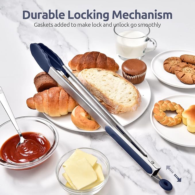 Heat Resistant Silicone Kitchen Tong: U-Taste 16 inch Extra Long Large 480ºF Hot Proof Cooking Tong with Sturdy Non Stick Rubber Tips & Non Slip Silicon Coated Steel Handle for Grill BBQ-Midnight Blue