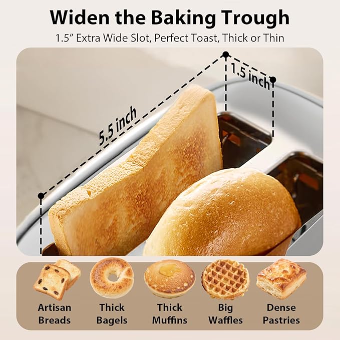2-Slice Toaster 1.5" Extra Wide Slot Stainless Steel with High Lift Lever, 6 Presets & Bagel/Defrost/Cancel Function, Removal Crumb Tray, Under Base Cord Storage, White
