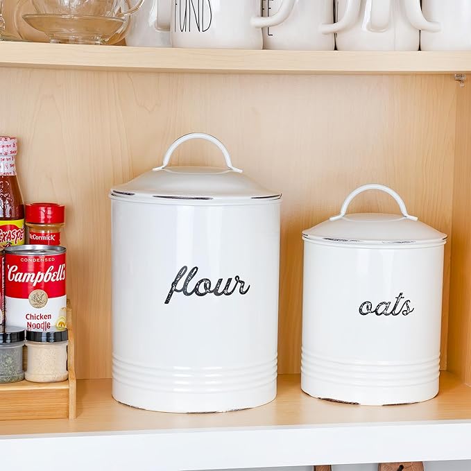 AuldHome Design Enamelware White Flour Canister; Rustic Distressed Style Staples Storage for Kitchen